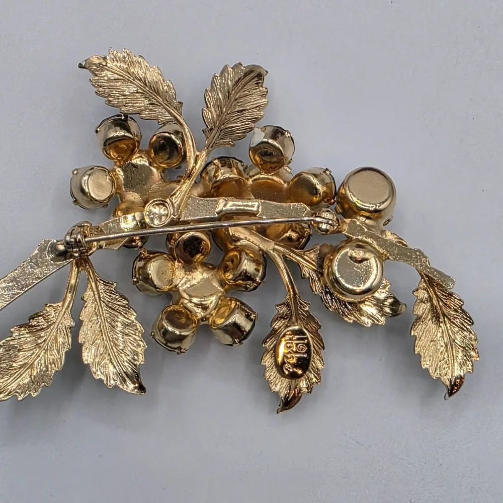 Hobe Enamel‎ Crystal Leaf Brooch Blue Green Gem Rhinestone Statement Pin Vintage